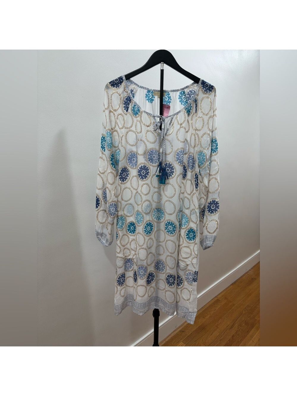 431. Ruby Yaya White Tunic Dress with Blue & Teal Medallion Print